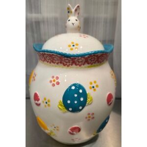 Temptations Old World Easter Bunny Cookie Jar Ceramic Canister Hand Painted